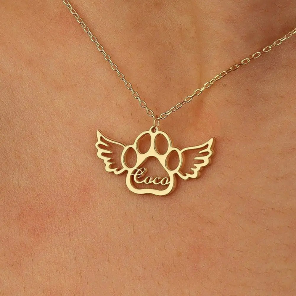 BellaLucas Personalized Angel Wing Paw Print Name Necklace